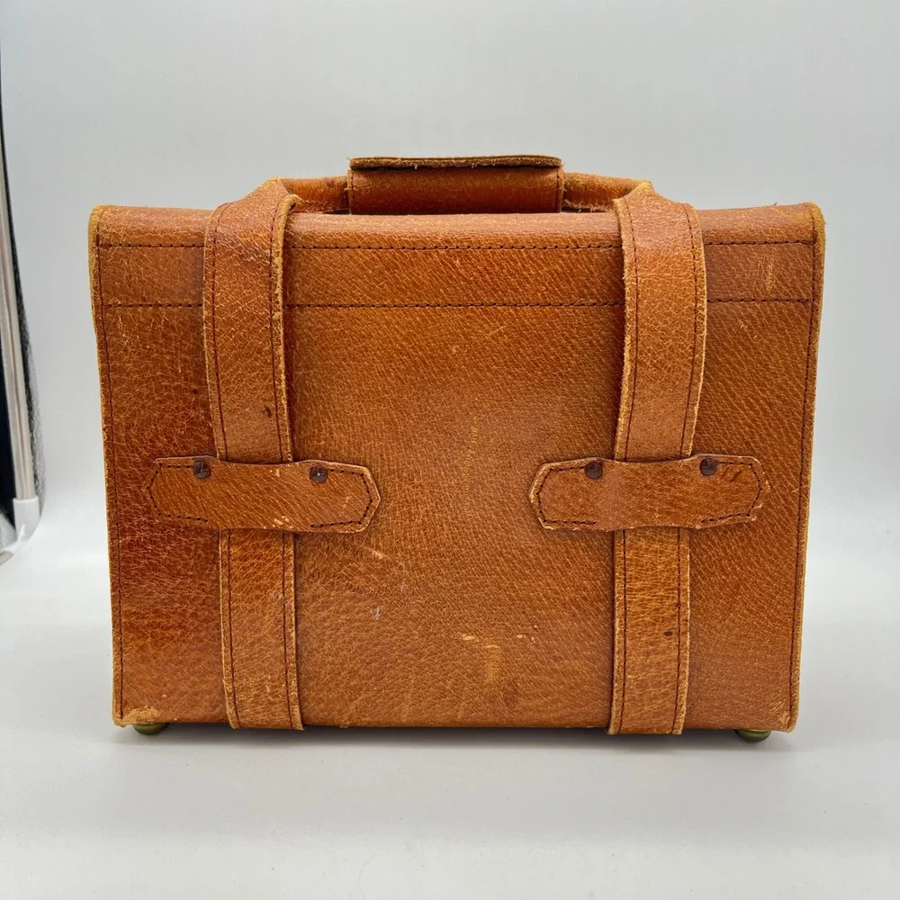 Vintage Camera Bag Brown Leather Train Luggage Small Travel Bag Gold Tone‎ Lock